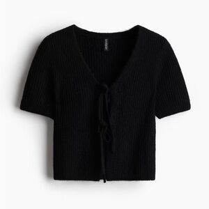 H & M short sleeve black cardigan with two tie-detail RIB-KNIT TOP drawstrings